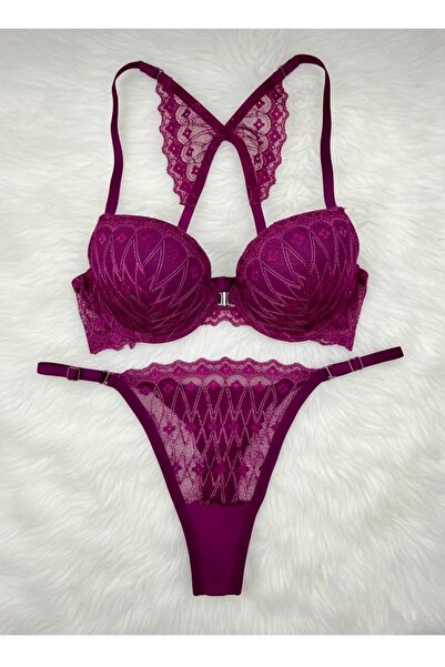 RUYAZ Dolgulu Sırtı Kelebek Detaylı Önden Açmalı Mor Dantel Kadın Iç Çamaşır ...