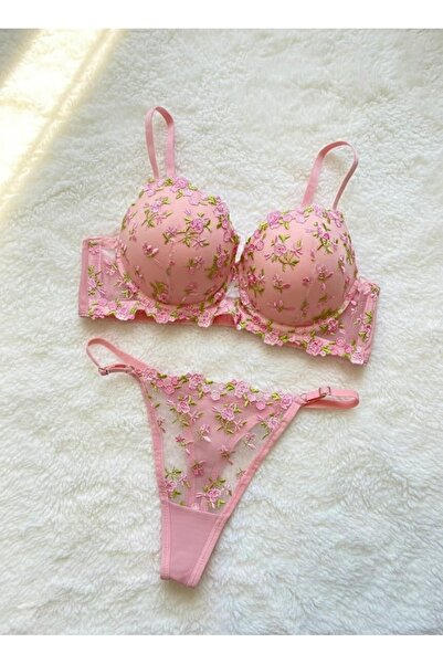 RUYAZ Pembe Çiçekli Push-Up Dolgulu Sütyen Takımı – Dantelli Fantazi İç Giyim...