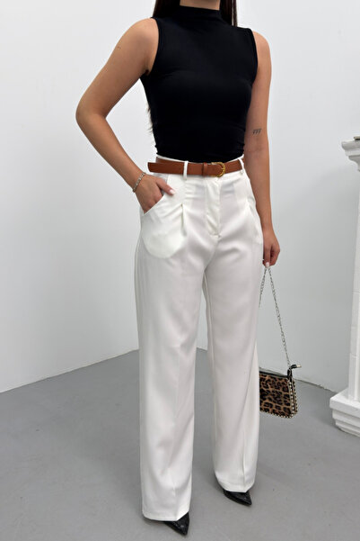 spirituel Women's Pants with Belt, Pleated Detail, Double Pockets, Wide Leg P...