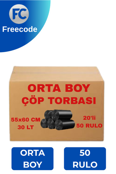 Freecode Orta Boy Çöp Poşeti 55x60 cm Siyah– Koli İçi 50 Paket – Dayanıklı St...