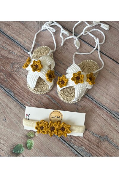 seraskids Örgü Beyaz Çiçekli Yazlık Çapraz Bantlı Kız Bebek Sandalet Patik ve...