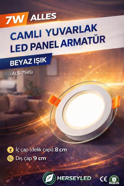 ALLES 7w Camlı Yuvarlak Led Panel Armatür Beyaz