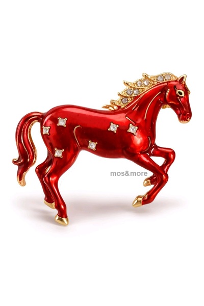 mosmoda Kırmızı At Broş, Yaka Broşu, Çanta Broşu, Şapka Broşu