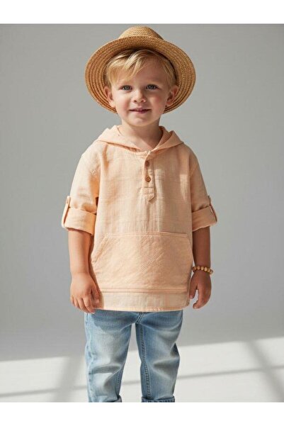 Jack Lions Erkek Bebek Kapüşonlu Kanguru Cepli Keten Gömlek