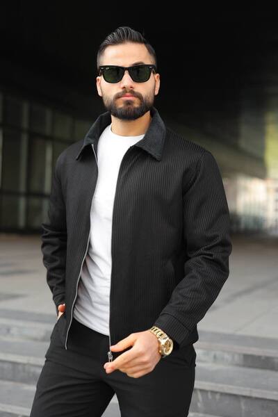 BASEL.CO Self-Striped Jacket with Velvet Detailing on the Collar