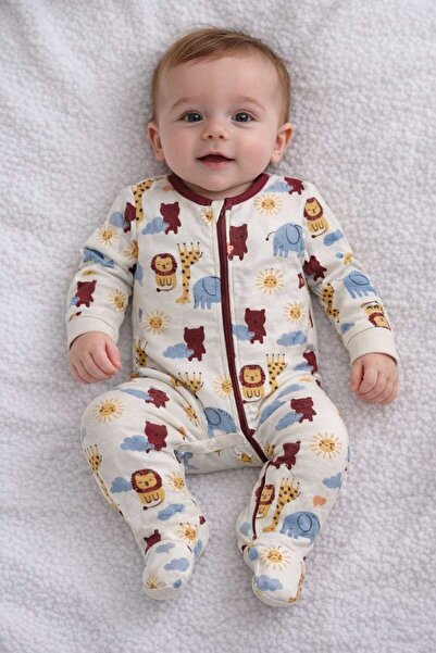 QR BABY %100 Pamuklu Yenidoğan Bebek Uyku Tulumu Desenli Çıtçıtlı Unisex Tulum