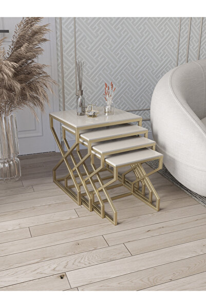 Dekoport Ela 4l Ü Zigon Sehpa Gold (ESKİTME) Yan Sehpa Krem Mdf Membran Kaplama