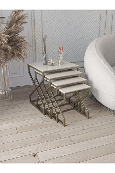 Dekoport Ela 4lü Zigon Sehpa Yan Sehpa Metal Ayak Pirinç Eskitme Rengi Mdf Me...