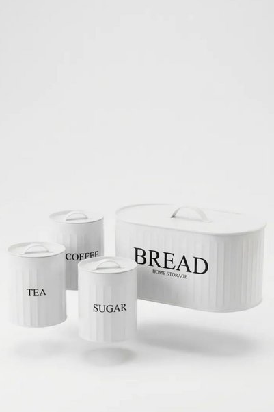 hemlife Set de 4 recipiente pentru pâine Capac metalic Ceai Cafea Zahăr Organizator pentru blat alb