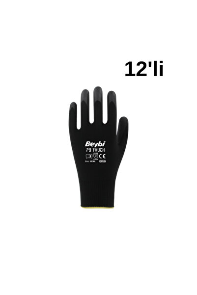 Beybi 9 Beden 12li Paket Poliüretan Kaplı Pu Touch Siyah Montaj Eldiven EN388...
