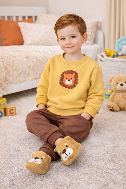 Babexi 3 İplik İçi Şardonlu Panduf Patikli Aslan Baskılı Omuzdan Çıtçıtlı Kış...