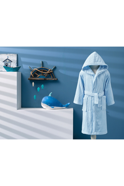 Özdilek Boy Marine Hooded Velvet Children's Bathrobe 13-14 Years