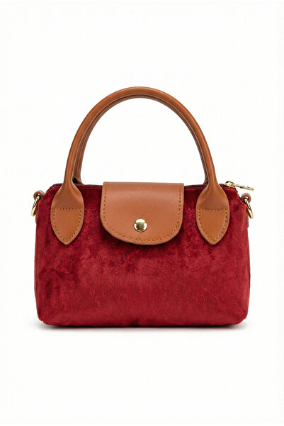 PurpleART Kadın Süet Bordo - Taba Mini El ve Omuz Çantası 13X20CM