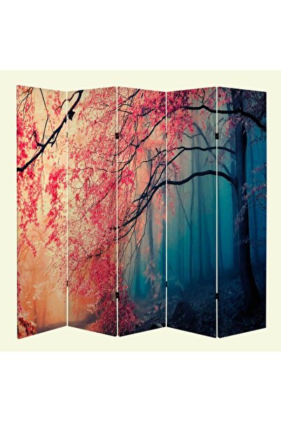StellaStore Kırmızı Altın Akçaağaçmanzara 5 Kanatlı Oda Bölücü Çift Taraflı K...