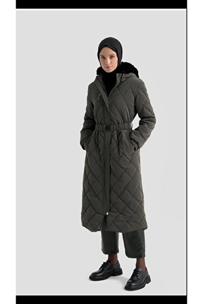 Armine Quilted Coat with Detachable Hooded Zipper Detail Buckle Belt