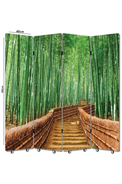 StellaStore Bambu Resimli 4 Kanatlı Oda Bölücü Çift Taraflı Kanvas Paravan
