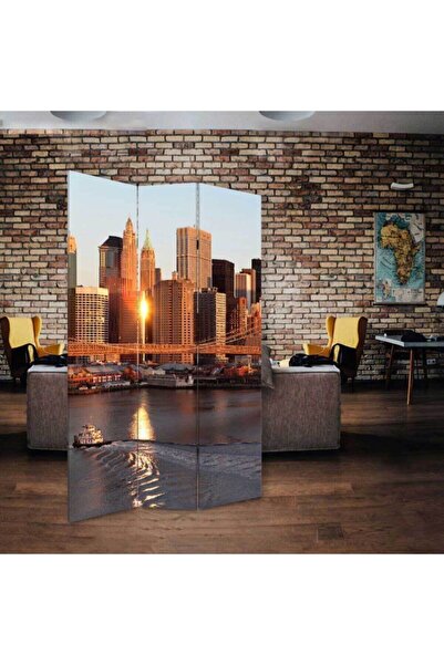 StellaStore New York Gün Doğumu 3 Kanatlı Oda Bölücü Çift Taraflı Kanvas Paravan