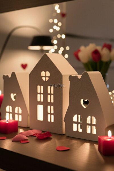 Arteliss 3'lü Ev Dekoratif Beyaz Ev Obje Mumluk Şamdan Pencereli Bungalov Işı...