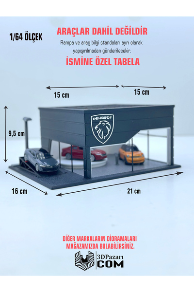 Butik 1/64 Ölçekli Peugeot Diorama Tasarımlı Araç Sergileme Garajı 3D Baskı