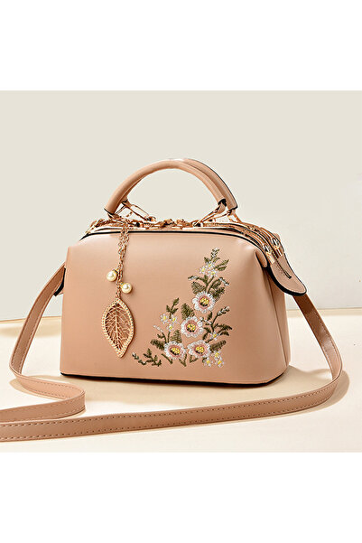 OEM Khaki women's faux leather handbag with leaf pendant and embroidered flower