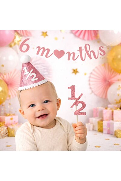 Partifabrik Yarım Yaş 6 months Şeker Pembe Simli Şapka Pasta Süsü Duvar yazıs...