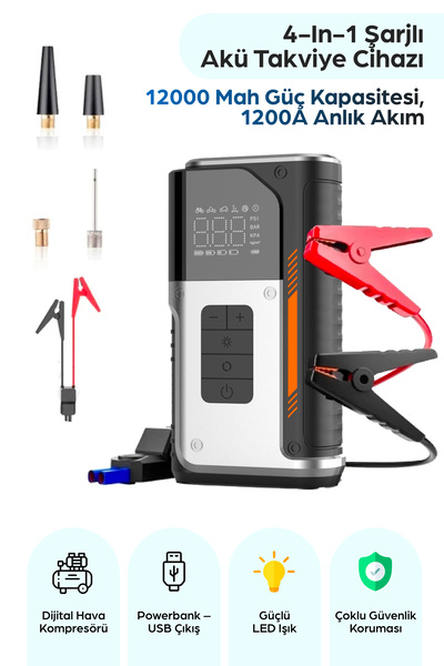 ROBEVE A7755 4-In-1 Şarjlı Akü Takviye Cihazı 12000 Mah 1200A Lastik Pompası ...