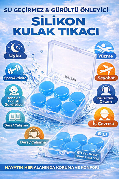 MUJGAN 6'lı Gürültü Önleyici Su Geçirmez Silikon Kulak Tıkacı