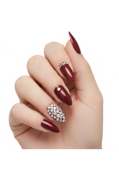 EDA LUXURY BEAUTY 24'lü Koyu Kırmızı Bordo Takma Tırnak Lüks 3d Kristal Taşlı...