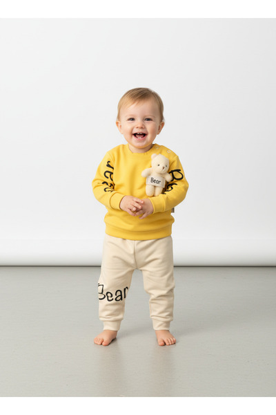 minço bebe طقم ملابس أطفال بنات وأولاد من القطن الأصفر المطبوع مع دمية دب
