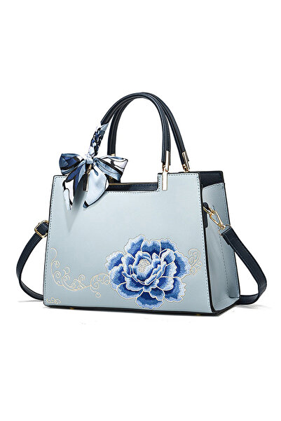 OEM Women's tote bag with decorative ribbon and embroidered flower, faux leat...