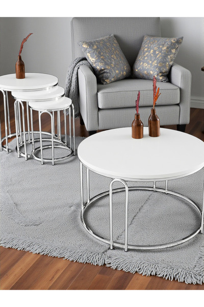 SEDAŞ LIVING UNITS Lenka Zigon Orta Sehpa Takımı Yuvarlak Gümüş Metal 3+1 - B...