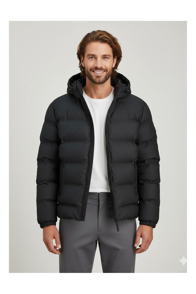 Jack & Jones Puffer Siyah Su Soğuk Geçirmez Erkek Mont Kaban