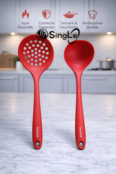 Single 2 Li Set Sert Uçlu Isıya Dayanıklı Kevgir Kepçe Seti