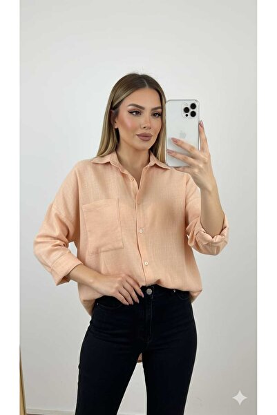 HC Boutique Cămașă oversize din in - Buzunar mare unic, model nou