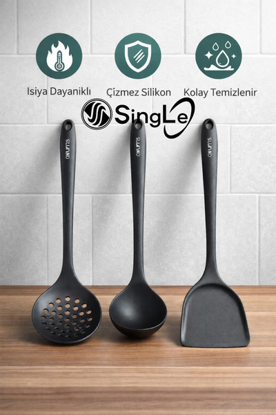 Single ( 3 Parça ) Sert Uçlu Isıya Dayanıklı Yanmaz Spatula Kevgir Kepçe Sili...
