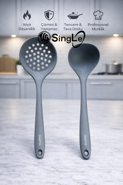 Single 2 Li Set Sert Uçlu Isıya Dayanıklı Kevgir Kepçe Seti