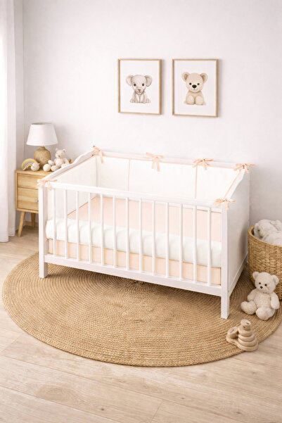 Piamom Bebek Beşik Biyeli Bumper/yan Koruma Seti 60x120 Kırık Beyaz-somon/pudra
