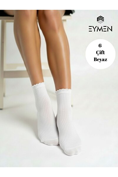 EymenSocks 6 Çift Düz Beyaz Yarım Konç Rahat Fitilli Kadın Çorap Pamuklu Çeyi...