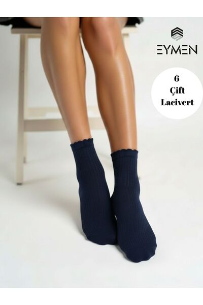 EymenSocks 6 Çift Düz Lacivert Yarım Konç Rahat Fitilli Kadın Çorap Pamuklu P...