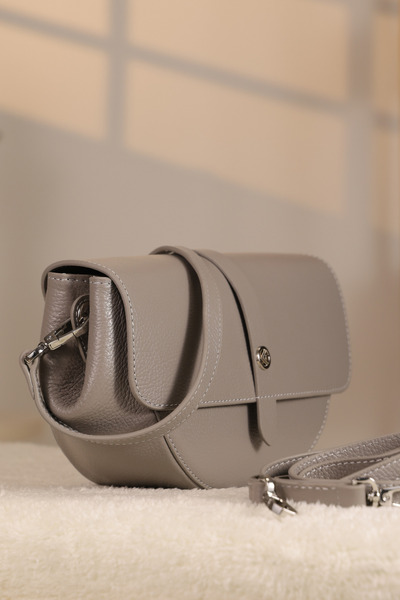 Aksesuarlia Light Gray Color Genuine Leather Bag - with Shoulder Strap and Sp...