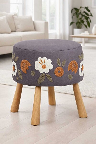 PUFMANYA ETNA PUNCH NAKIŞLI BOHEM STİLİ DOĞAL AHŞAP AYAKLI PUF KOLTUK