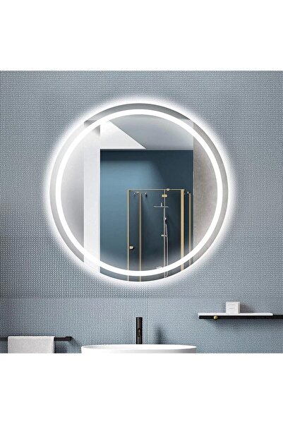 NUUN DEKOR 70cm Beyaz Ledli Kumlamalı Yuvarlak Banyo Lavabo Ofis Makyaj Kuafö...