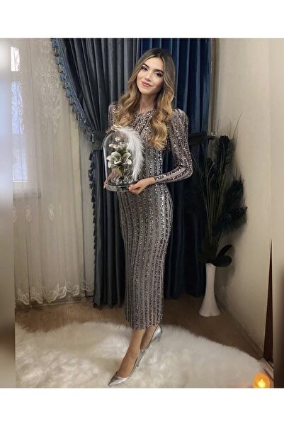 Sultan Ekşioğlu Tasarımı Rise Vatkalı Gri Payet Gece Elbisesi