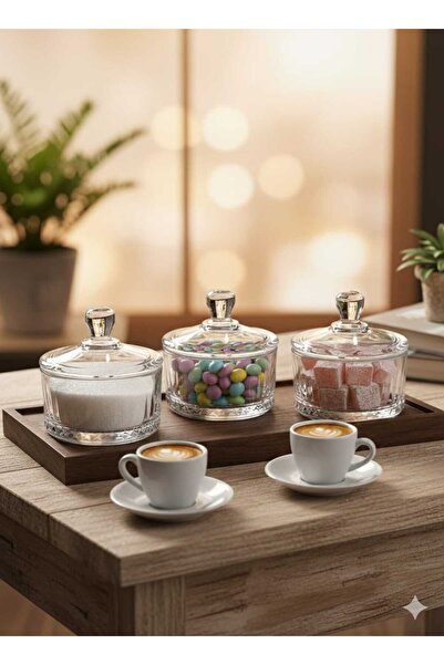 Muhtelif 3lü Cam Yuvarlak 90 ml Kahve Yanı Şeker Lokum Sunumluk
