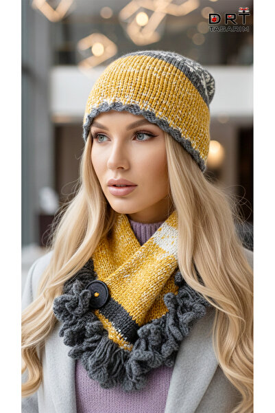 drt tasarım طقم بيريه وشاح باللون الأصفر والرمادي