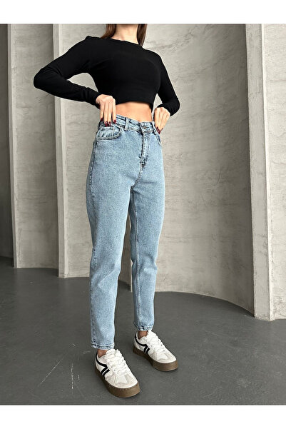 mooishan بنطلون جينز ميلي كومفورت باللون الأزرق مغسول بالثلج موديل موم جين-5