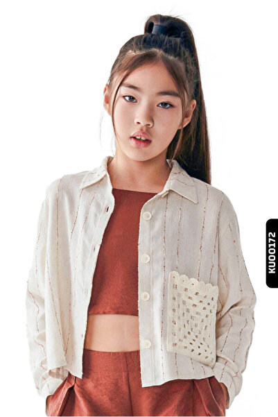 nk kids Pointed Collar Striped Appliqued Side Pocket Buttoned Girl's Shirt 8-...