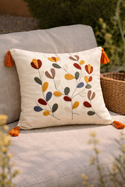 Shopyteks غطاء وسادة مزخرف بنمط أوراق الشجر الملونة مع شراشيب (بدون حشوة داخلية)
