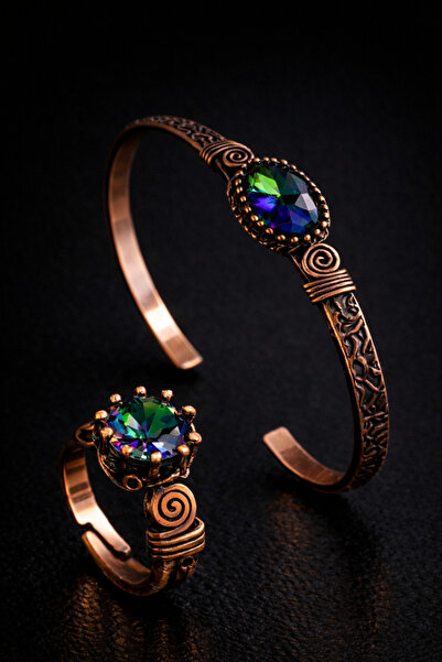 İyyaKee Kadın Bakır Bileklik Yüzük Set Mistik Topaz Oval Model Taşlı Kelepçe ...