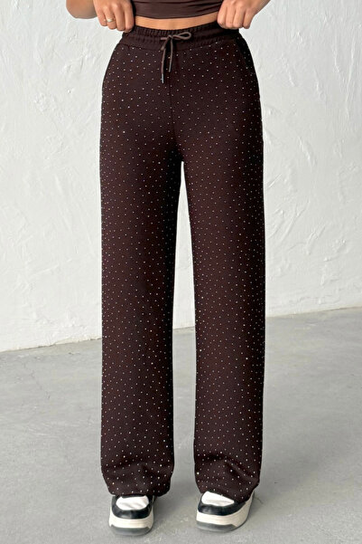 veres بنطلون نسائي من قماش مودال فيفا براون ستون ذو أرجل واسعة وخصر عالي مع أ...